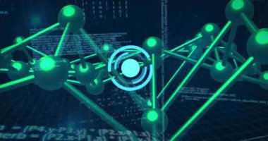 Yeşil ağ bağlantıları ve ikili kod üzerinde dairesel dijital arayüz animasyonu. Teknoloji, fütüristik, sanal, veri, siber, fütürist