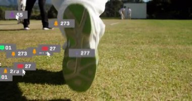 Çimenli alanda oynayan kriket oyuncularının sosyal medya bildirimleri. spor, teknoloji