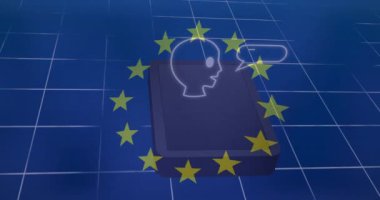 Avrupa Birliği yıldızları mavi şebeke arka planında tablet üzerinde daireler çiziyorlar. Teknoloji, dijital, bağlantı, yenilik, siber güvenlik, iletişim