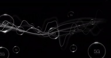 Soyut dalgalar ve siyah zemin üzerinde 5G metin animasyonu. Teknoloji, ağ, dijital, bağlantı, yenilik, fütüristik