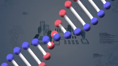 DNA dizisi ve ikili kodlama, bilimsel veri işleme animasyonu. Genetik, biyoteknoloji, biyoenformatik, veri analizi, bilgisayar bilimi, siber güvenlik