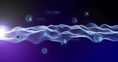 Koyu arkaplandaki çeşitli teknoloji simgeleri üzerinde dijital dalga animasyonu. Gelecek, yenilik, soyut, ağ, veri, internet