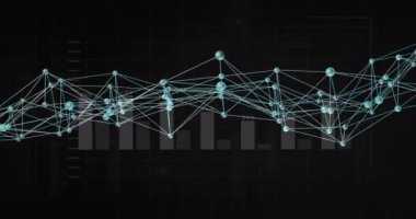 Finansal tablolar üzerinden bağlantı ağı ve veri işleme animasyonu. Teknoloji, siber güvenlik, analitik, finans, ekonomi, ağ