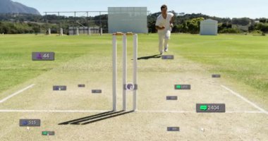 Kriket oyuncusu sahada sosyal medya etkileşimi için koşuyor. Spor, atlet, dijital, teknoloji, hareket