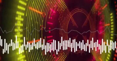 Dijital elementlerle kırmızı dairesel animasyon üzerinde ses dalgaları ve frekans çubukları. Müzik, ses, teknoloji, görselleştirici, soyut, nabız