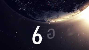 Uzaydan veri görselleştirmesi ile 6G metin animasyonu. Teknoloji, yenilik, gelecek, küresel, telekomünikasyon, bağlantı