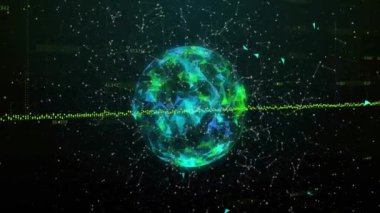 Ağ bağlantıları ve karanlık arkaplanda animasyon gösteren parlak bir küre. Teknoloji, dijital, fütüristik, küresel, internet, iletişim