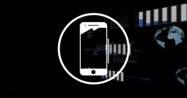 Finansal veri tabloları ve grafikleri üzerinde akıllı telefon simgesi animasyonu. Finans, yatırım, analiz, teknoloji, borsa, bilgi