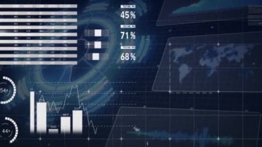 Koyu arkaplandaki grafik ve grafikler üzerinden küresel veri analizi. Analizler, veri görselleştirme, büyük veriler, istatistikler, teknoloji, bilgi
