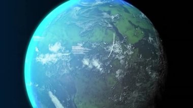 Kıtaların üzerinde veri işleme animasyonuyla uzaydan dünya. Gezegen, dünya, uydu, teknoloji, veri görselleştirme, dijital