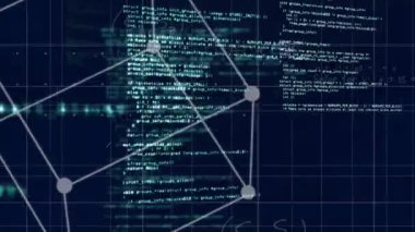 Kod ve ağ bağlantıları programlanıyor, karanlık arkaplan üzerinde veri işleme animasyonu. Teknoloji, kodlama, siber güvenlik, bilişim, yazılım, dijital