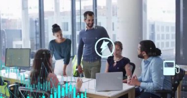 Ekonomik veriler ve sağlık animasyonu, iş ekibinin ofiste tartışması üzerine. takım çalışması, tartışma, teknoloji, analiz, sunum, strateji