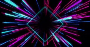 Renkli ışık desenli neon elmas şekilli çizgi, animasyonda dışarıya doğru yayılıyor. canlı, dijital, parlak, fütürist, soyut, ışıl ışıl
