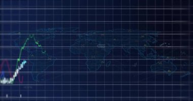 Finansal veriler ve borsa eğilimleri dünya haritası üzerinde animasyon. Finans, veri görselleştirme, küresel, ekonomi, yatırım, analitik