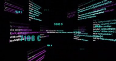 Karanlık animasyon arka planında veri işleme kodları kaydırılıyor. Kodlama, programlama, teknoloji, yazılım, geliştirme, dijital