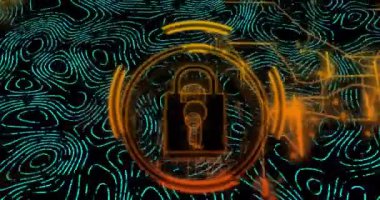 Dijital parmak izi kalıpları üzerinde kilit ve anahtar sembolü animasyonu. Güvenlik, siber güvenlik, şifreleme, kimlik doğrulama, teknoloji, biyometrik
