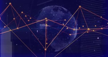 Dijital dünya animasyonu üzerinden küresel ağ bağlantıları ve veri işleme. Teknoloji, iletişim, internet, siber güvenlik, fütüristik, yenilik