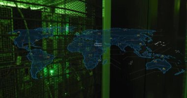 Sunucu odasında veri noktaları ve ağ bağlantıları olan dünya haritası. Teknoloji, ağ oluşturma, küresel, dijital, sunucular, siber güvenlik