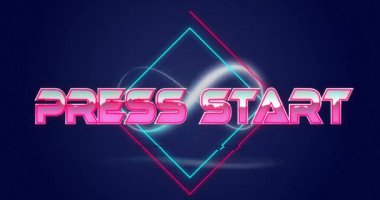 Koyu mavi arkaplandaki neon geometrik şekilli Başlangıç metnine basın, canlandırma. Oyun, retro, fütüristik, sanal, canlı, teknoloji