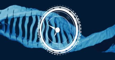DNA iplikçiklerinin üzerindeki saat animasyonu genetik araştırmalarda zamanı temsil ediyor. Genetik, bilim, teknoloji, biyoloji, moleküler, genetik araştırma