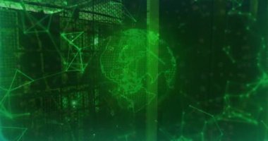 Sunucu rafları üzerinde parlayan yeşil küre ve ağ bağlantıları. Teknoloji, veri, siber güvenlik, fütürist, dijital, internet