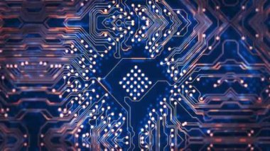 Soyut devre kartı animasyonu. Üzerinde parlak çizgiler ve noktalar var. Teknoloji, dijital, fütürist, siber, ağ, veri