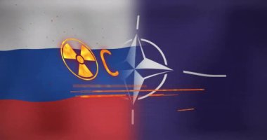 Uyarı ve acil eylem, Rus bayrağı ve radyasyon sembolü üzerinde animasyon gerektiriyordu. Tehlike, tehlike, alarm, acil durum, radyoaktif, nükleer