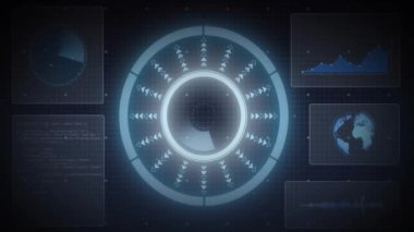 Grafikler ve dünya ile dijital arayüz üzerinde geleceksel veri işleme animasyonu. Teknoloji, analitik, yenilik, ekran, ağ, siber