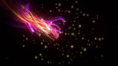 Siyah arkaplan üzerinde renkli soyut ışık yolları ve parçacıklar animasyonu. hareket, enerji, fütüristik, parlak, canlı, dinamik