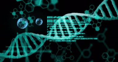 Altıgen kalıplar üzerinde DNA ipliği ve bilimsel veri işleme animasyonu. Bilim, teknoloji, biyoteknoloji, genetik, yapay zeka, dijital