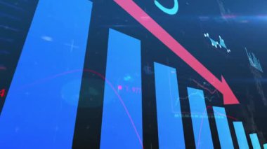 Mavi çizelge ve veri noktaları üzerinde finansal grafik animasyonu azalıyor. Maliye, ekonomi, hisse senedi, piyasa, düşüş, analiz kavramı
