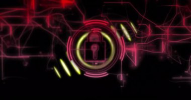 Simge ve neon hatlarını kilitle, veri güvenlik animasyonu. Siber güvenlik, şifreleme, teknoloji, dijital, koruma, güvenli konsept