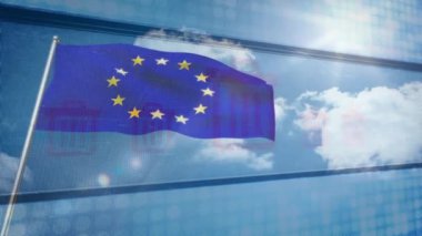 Mavi gökyüzü ve bulutlar üzerinde çöp kutusu simgeleri olan Avrupa Birliği bayrağı. çevre, atık, geri dönüşüm, kirlilik, sürdürülebilirlik, temiz