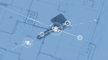Mimari planlar üzerinde anahtar ve bağlantı ağı animasyonu. Teknoloji, mimari, yenilik, bağlantı, ağ, dijital