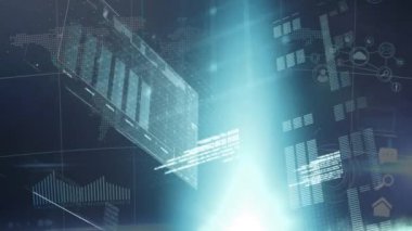 Dijital arayüz üzerinde veri işleme animasyonu olan dünya haritası ve çubuk grafikleri. analitik, küresel, bilgi, istatistik, görselleştirme, teknoloji