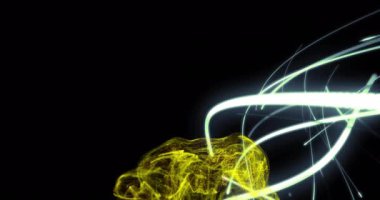 Soyut sarı ve beyaz ışık yolları siyah arkaplan ve animasyon üzerinde şekiller oluşturur. hareket, parlayan, dinamik, fütüristik, neon ışıklı