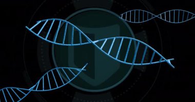 DNA iplikleri, dairesel dijital arayüz, bilimsel veri işleme animasyonu. Biyoteknoloji, genetik, genomik, biyoenformatik, moleküler, araştırma konsepti