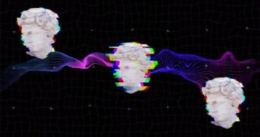 Siyah şebeke arka planında klasik büstler ve renkli dalgalar var. Soyut, dijital sanat, heykel, gerçeküstü, modern, fütüristik