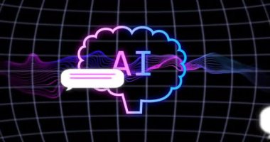 Neon beyin hatları içindeki yapay zeka metni şebeke üzerinde veri dalgaları içeriyor. Yapay Zeka, dijital, geleceksel, teknoloji, yenilik, görselleştirme