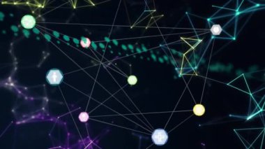 Soyut arkaplan üzerinde bağlantı ağı ve veri işleme animasyonu. Teknoloji, dijital, geleceksel, iletişim, siber, bağlantı
