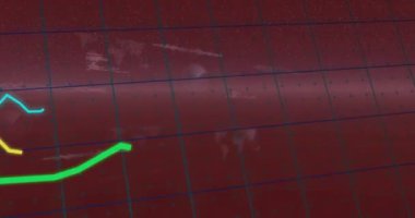 Finansal veriler ve dünya haritası animasyonu üzerinde azalan yeşil grafik. Maliye, ekonomi, küresel kriz, durgunluk, borsa