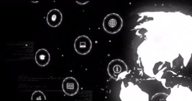 Dönen dünya animasyonu üzerinde dijital simgeler ve veri işleme. Teknoloji, küresel, ağ, bağlantı, internet, fütürist