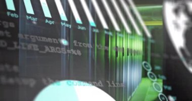 Belirsiz aydınlatılmış veri merkezindeki sunucu raflarının üzerinde veri işleme animasyonu. Teknoloji, ağ oluşturma, bilgisayar, depolama, yapay zeka, siber güvenlik