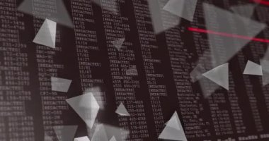 Redakte edilmiş bilgiler ve yüzen geometrik şekiller üzerinde veri işleme animasyonu. Teknoloji, fütürist, güvenlik, soyut, dijital, şifreleme
