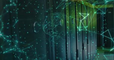 Sunucu raflarında veri işleme animasyonu, veri merkezinde dijital ağ bağlantıları. Teknoloji, sunucular, ağ oluşturma, siber güvenlik, bilgi kavramı