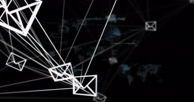 Dünya haritası ve dijital arayüz üzerinden e-posta iletişimi ve veri aktarımı animasyonu. Teknoloji, internet, küresel, ağ, bağlantı, sanal