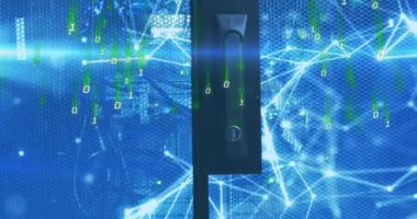 Mavi dijital arkaplan üzerinde ikili kod ve ağ bağlantıları. Teknoloji, iletişim, kodlama, veri, bilgi, internet