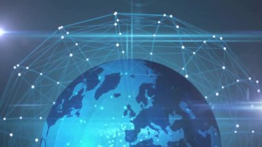 Bağlantılar ağı ve veri noktaları Dünya animasyonunun üzerinde dönüyor. Global, teknoloji, dijital, iletişim, bağlantı, düğümler