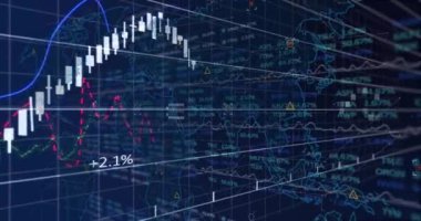 Finansal veriler ve borsa eğilimleri dijital dünya haritası arka planı üzerinde animasyon. Maliye, veri analizi, yatırım, küresel, ekonomi, ticaret