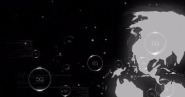 5G ve 6G ağ teknolojisi animasyonu dijital dünyada karanlık arka planda. Telekomünikasyon, bağlantı, yenilik, küresel, kablosuz, fütürist